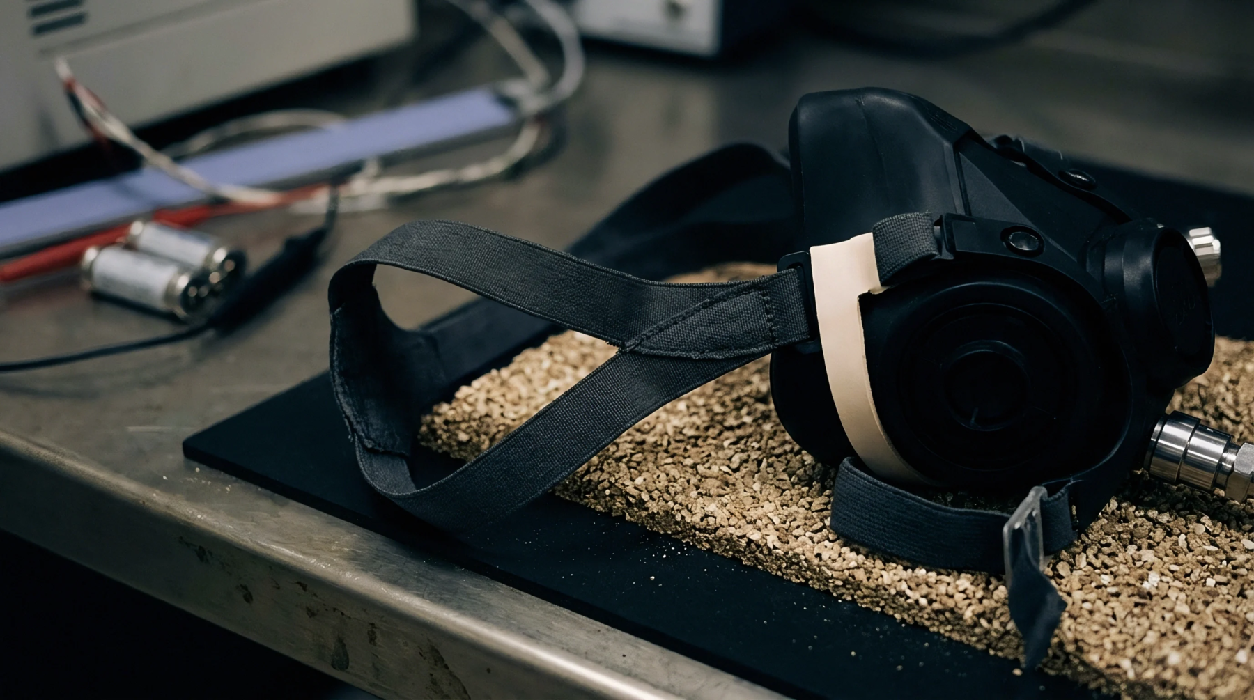 An industrial safety respirator rests on granular sorbent media beside electronic testing equipment on a metallic laboratory workbench.