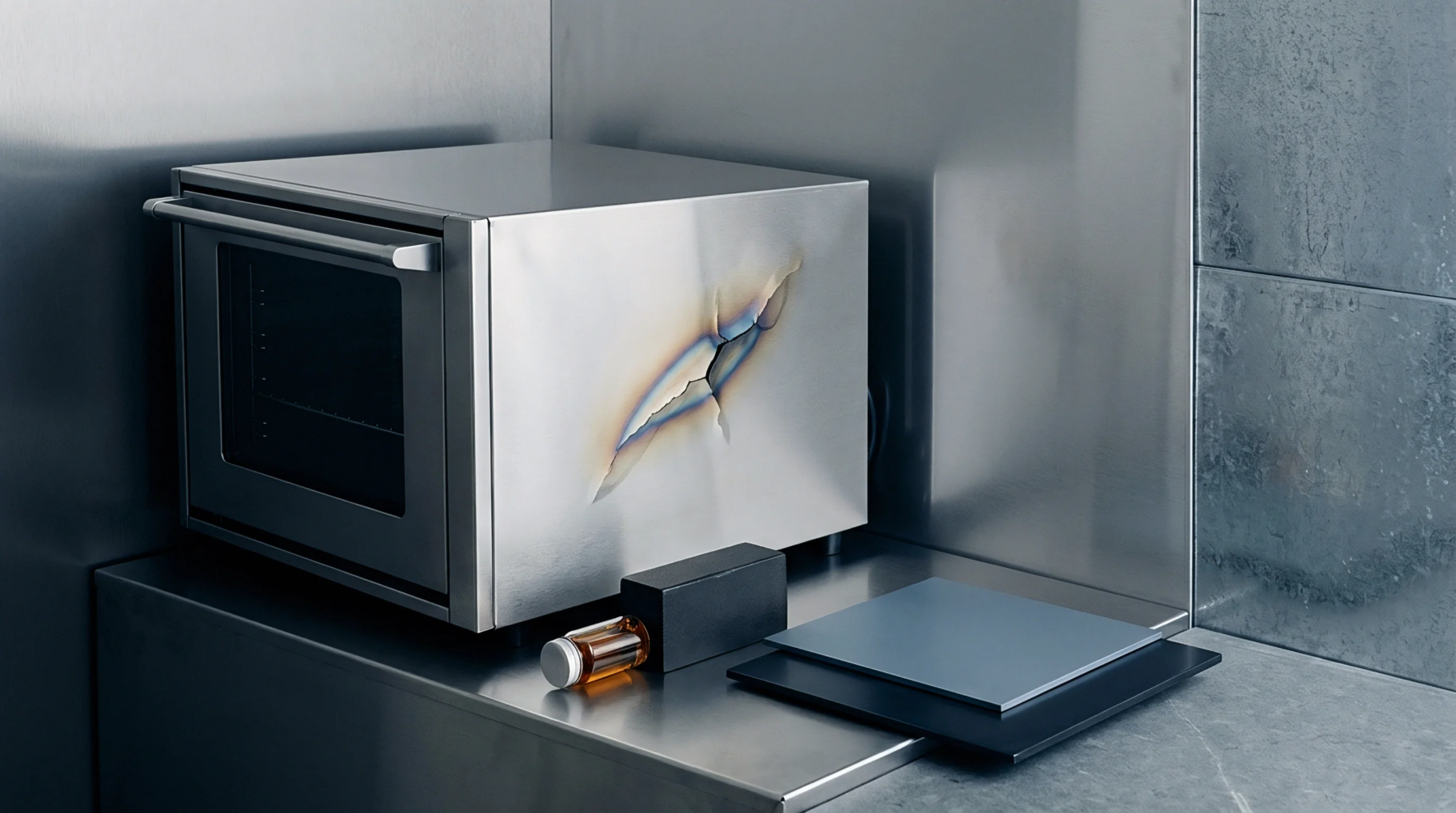 Ruptured stainless steel thermal test enclosure rests on a metallic laboratory counter beside a small sample vial and stacked plates.