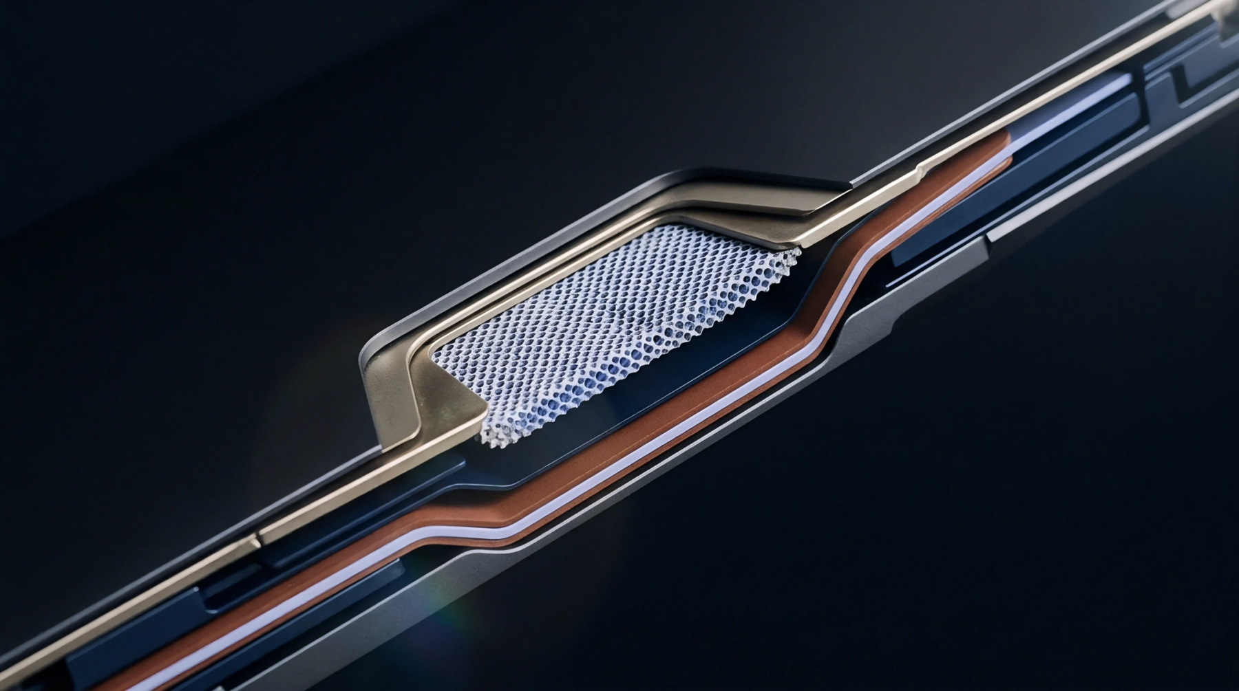 Multi layered cutaway digital render displays internal architecture of an advanced energy storage cell with metallic casing and porous separator.