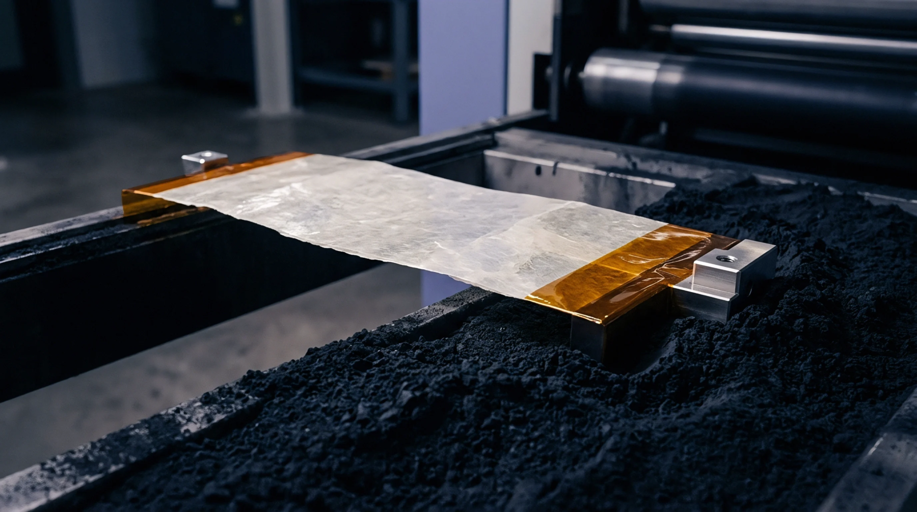 A translucent polymer membrane with orange polyimide tape ends is suspended above a bed of black carbon powder in a laboratory.