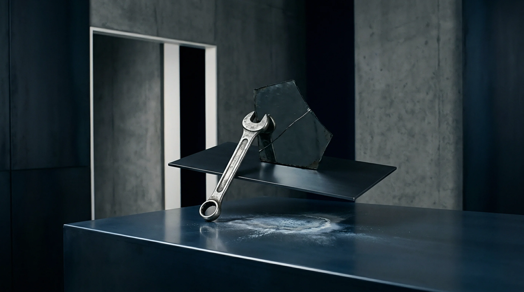 A metallic tool supports a dark battery material plate above an industrial workbench inside a concrete production facility.