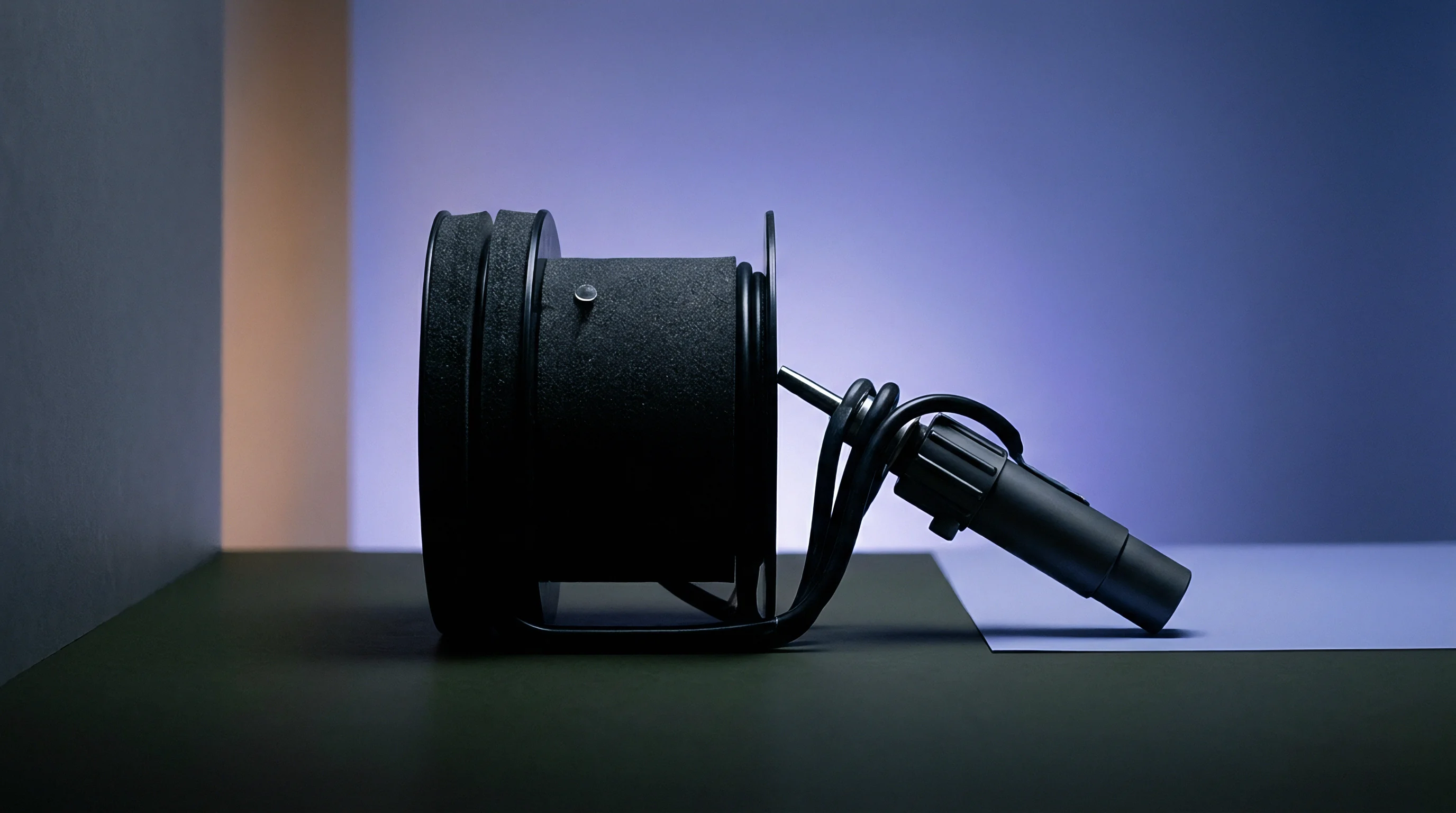 A black modular test unit featuring a cylindrical connector and cable assembly rests on a flat dual tone surface under soft light.