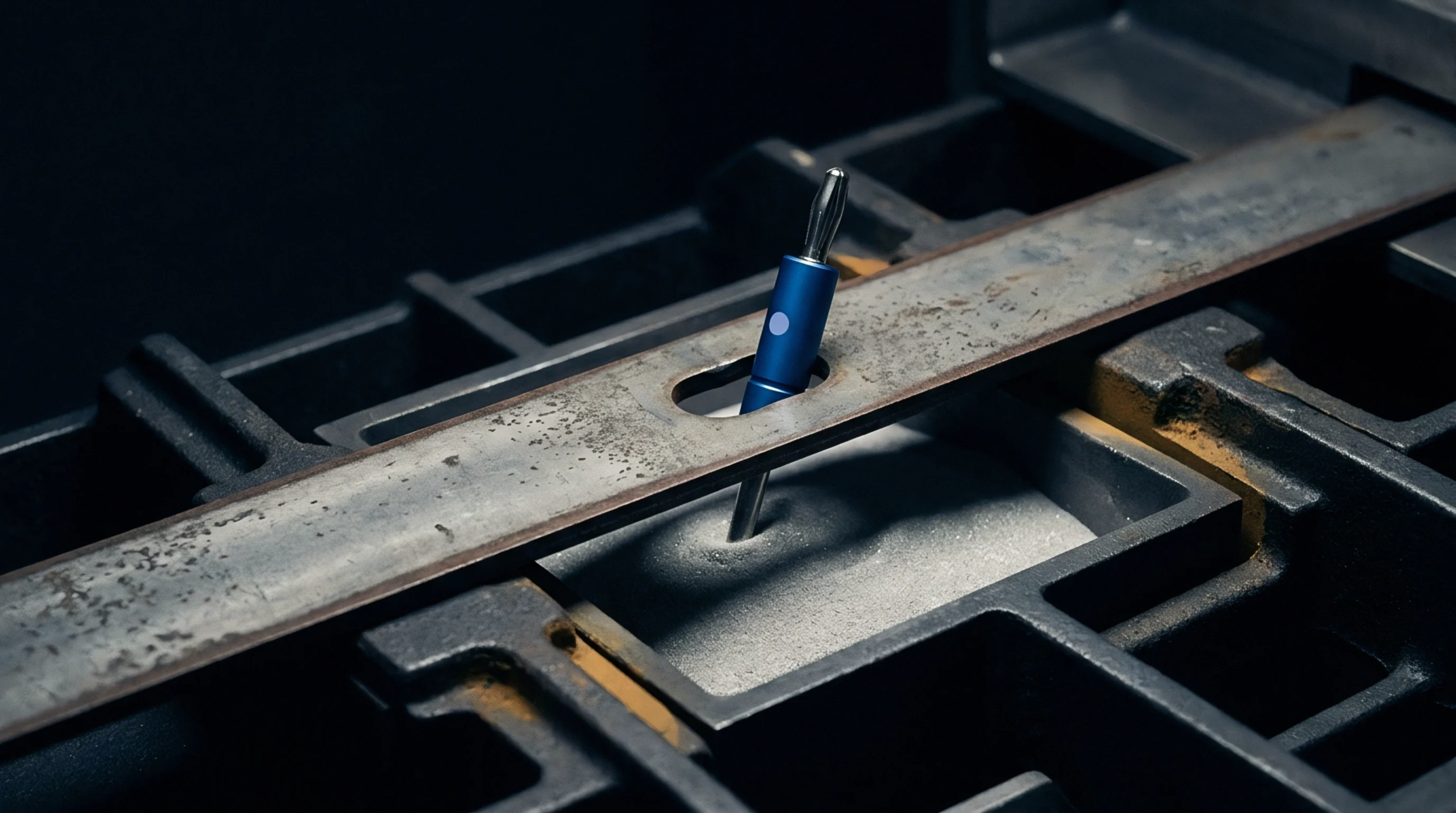 A specialized blue metallic probe with a white circular marking is positioned within a granular grey powder in a dark industrial fixture.