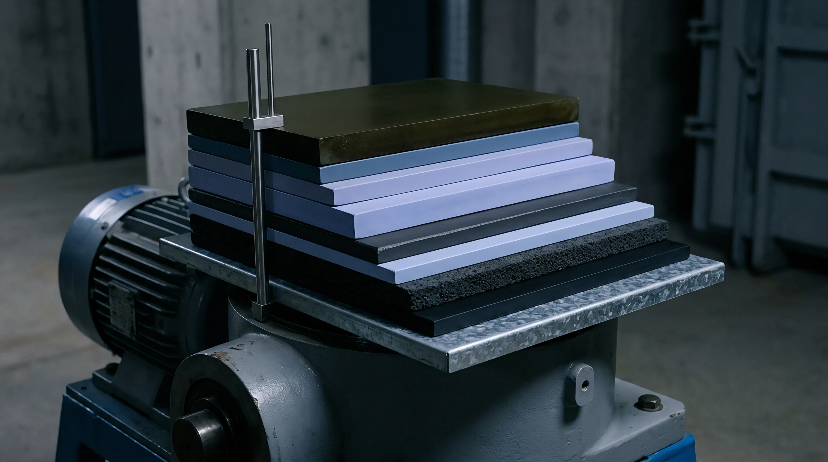 Various flat material samples sit stacked rigidly upon an industrial compression testing machine inside a battery research laboratory.
