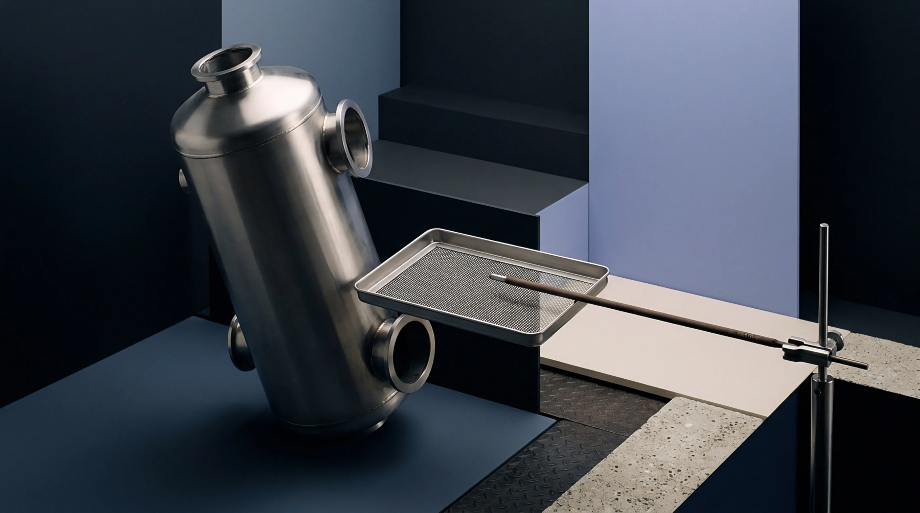 Stainless steel industrial vessel and wire mesh tray stand among geometric architectural panels in a modular material processing facility.
