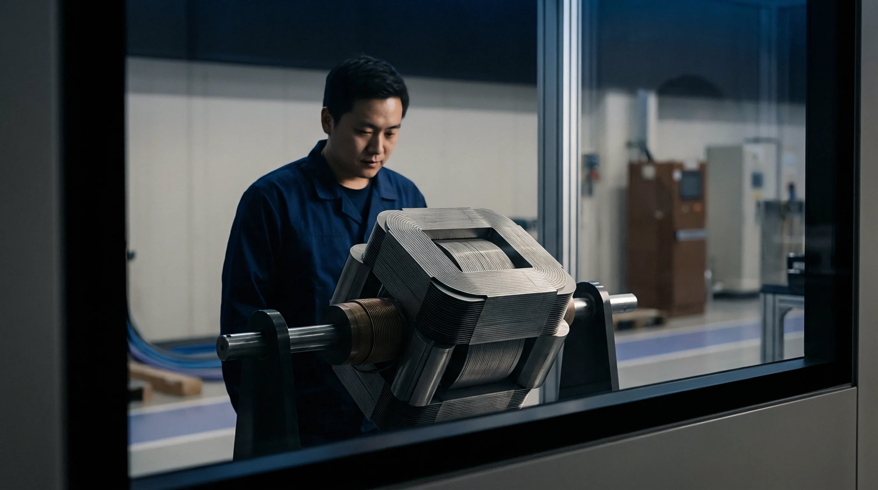 An industrial technician examines a laminated steel motor stator assembly mounted on a steel shaft inside a precision manufacturing facility.
