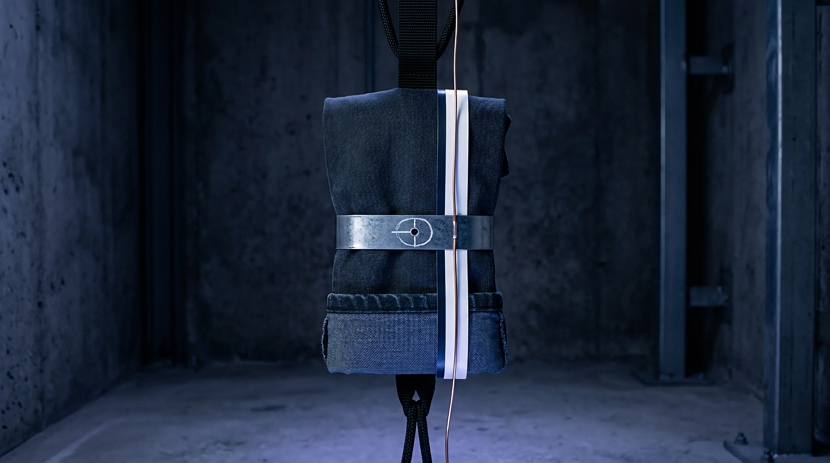 A composite battery separator material sample secured by a metallic clamping band hangs vertically within a dark industrial production testing facility.