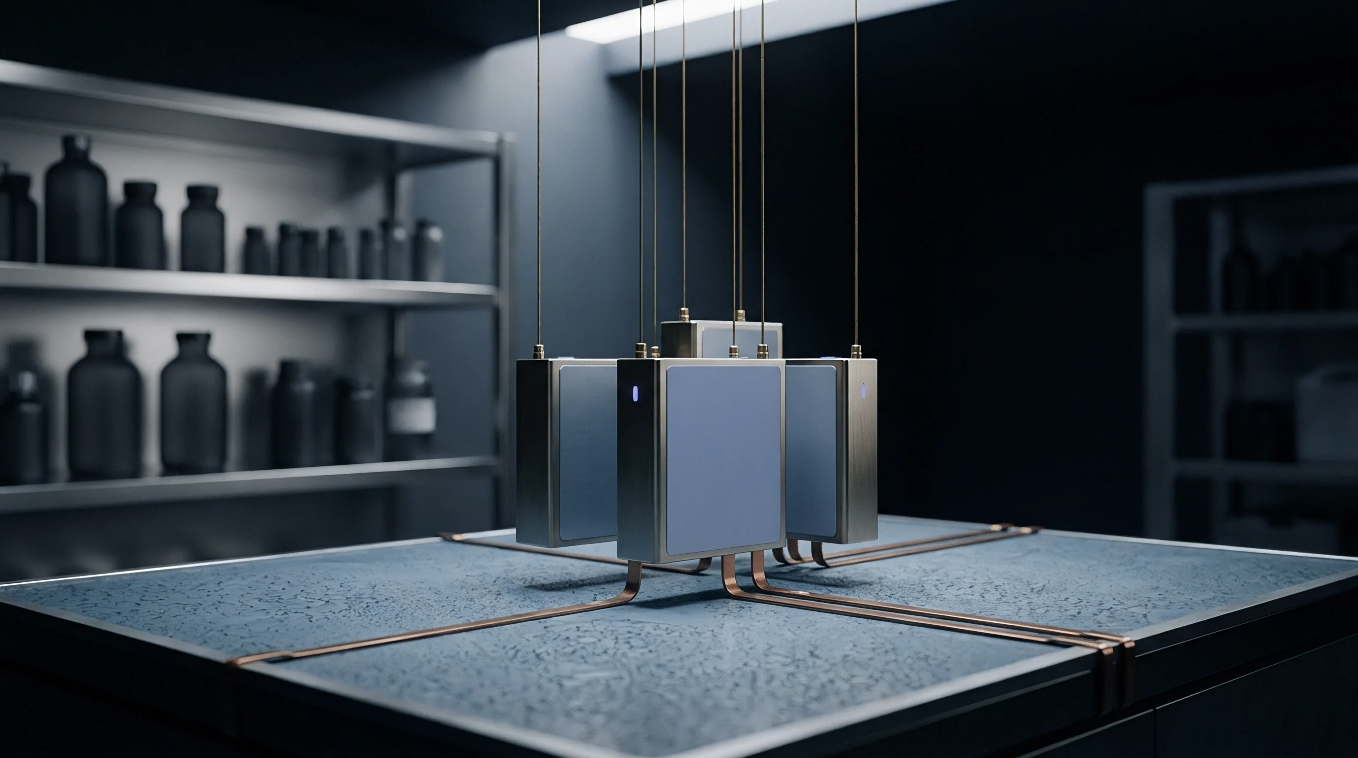 Digital illustration presents suspended metal battery modules linked via copper cabling over a testing bench within a dark laboratory.