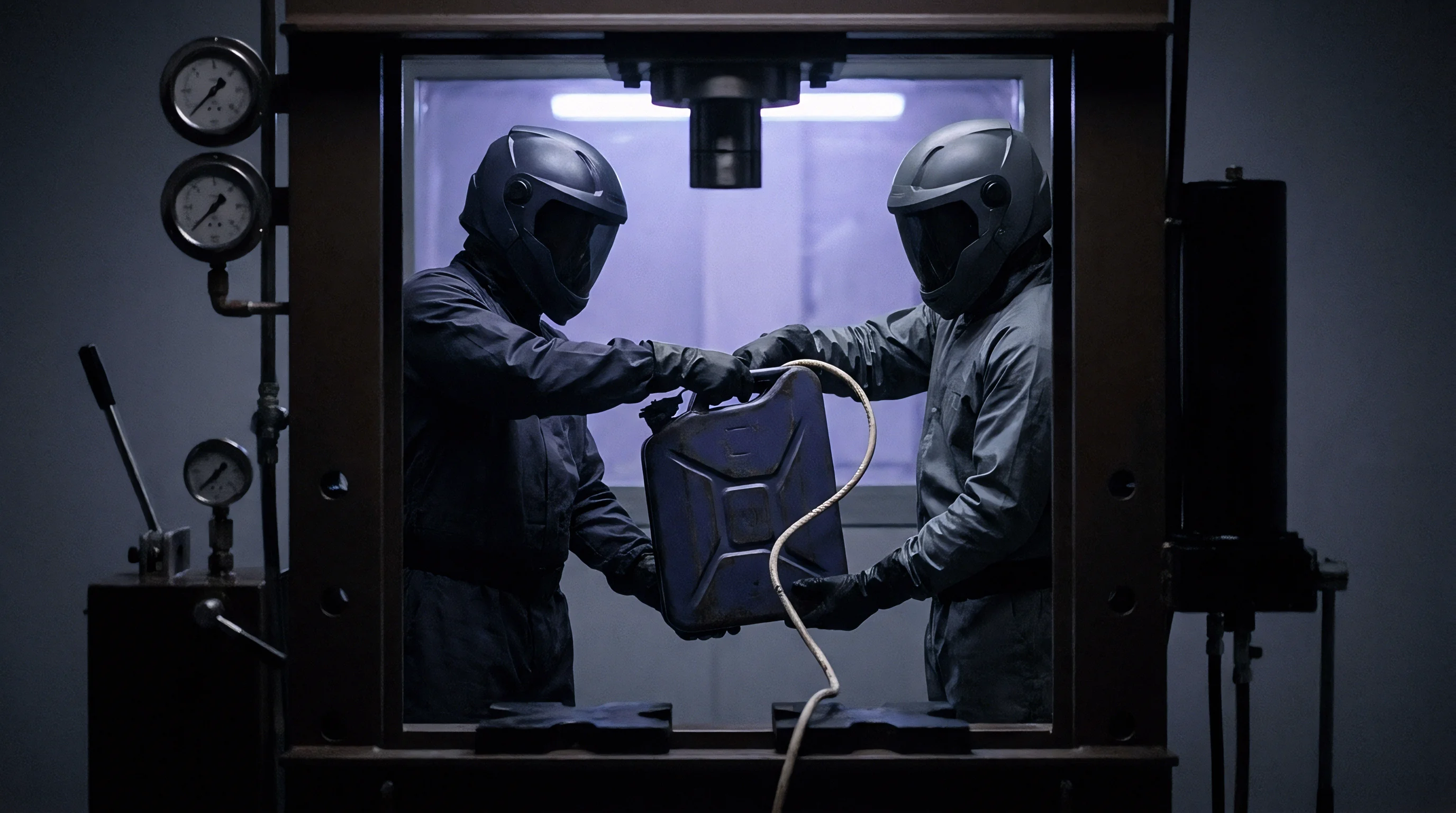 Two technicians wearing protective gear and helmets position a metal canister inside an industrial hydraulic press test chamber.