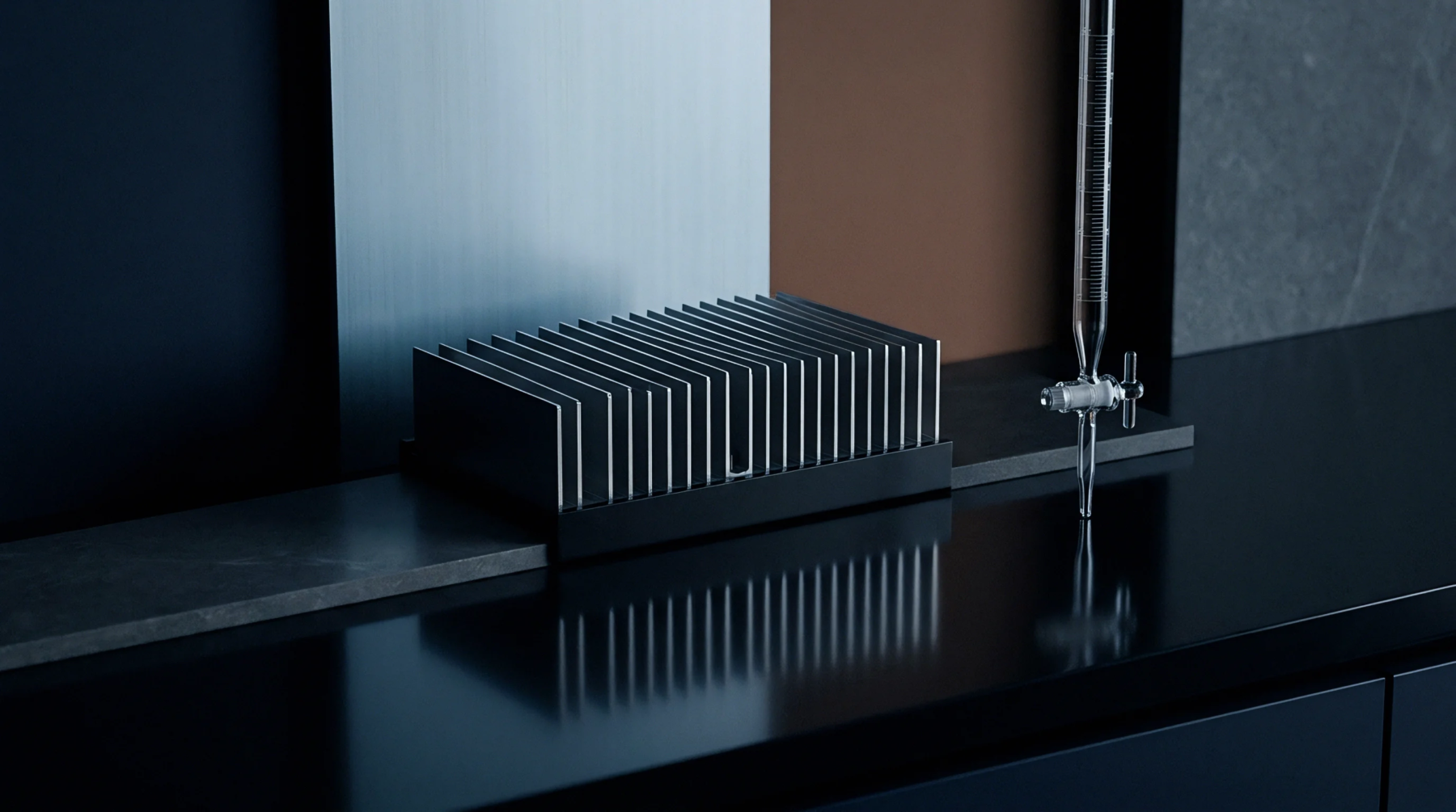 An anodized aluminum heat sink module rests on a dark testing workbench within a thermal engineering laboratory environment.