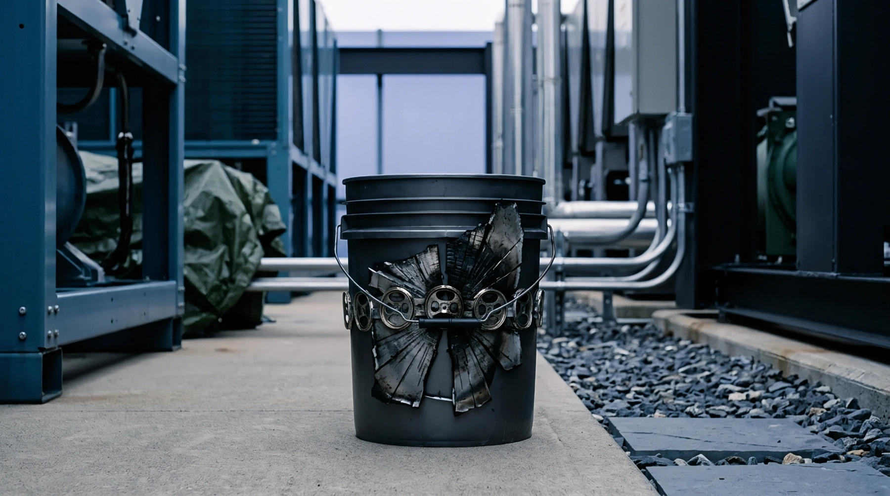 A ruptured black polymer vessel with a metal handle stands on a concrete pathway between industrial refrigeration units and piping systems.