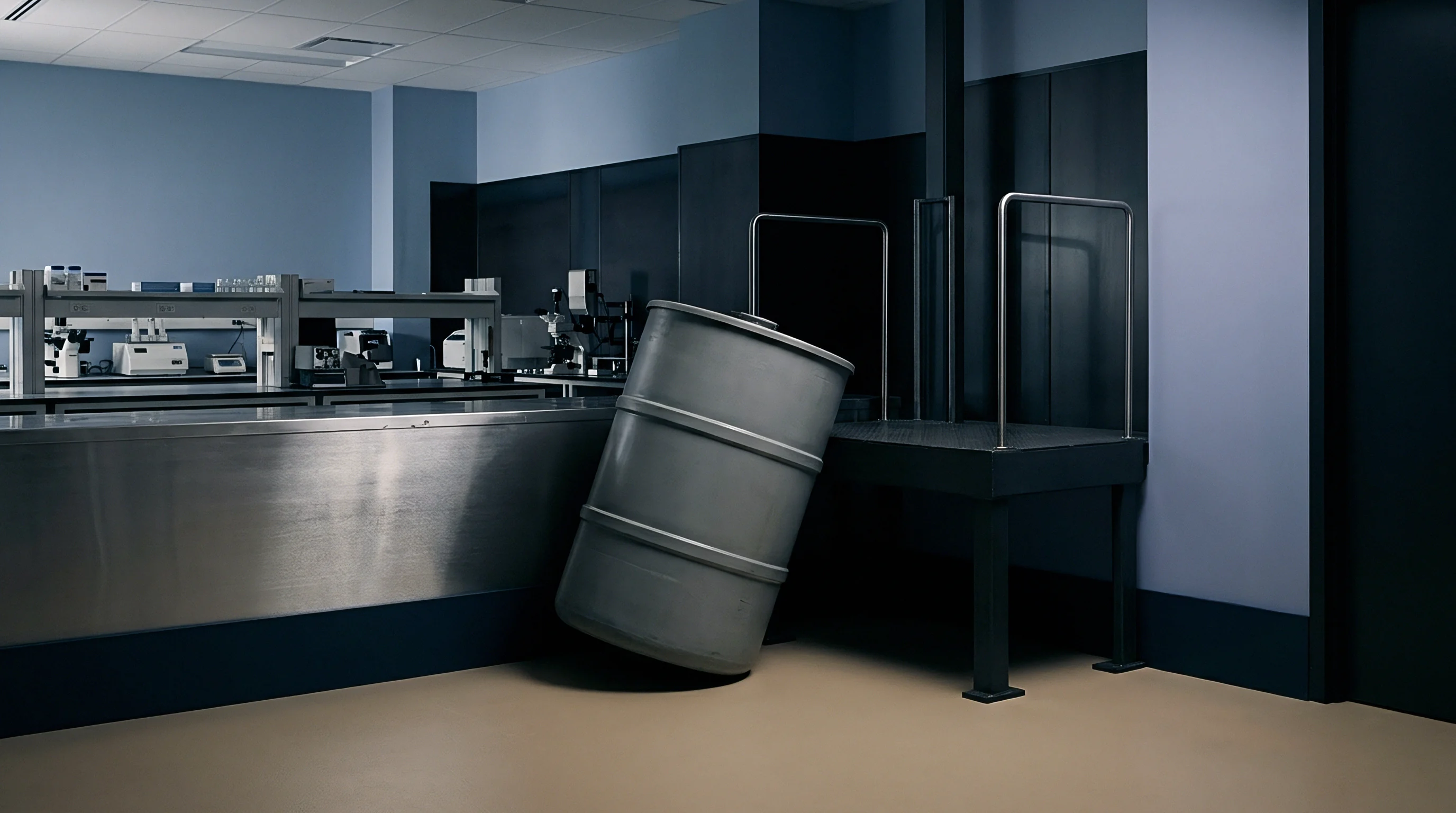 A digital render features a large grey metal cylinder leaning against a platform inside a scientific testing facility with workbenches and equipment.