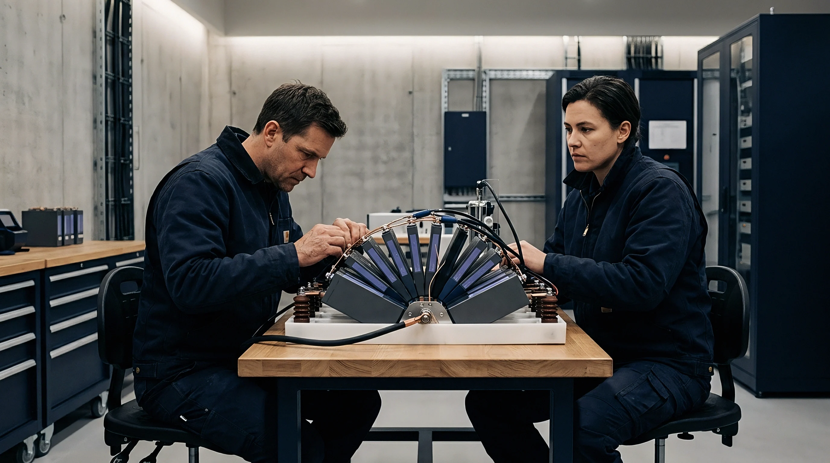 Two technicians in dark uniforms assemble an arc of metallic power modules on a workbench inside a climate controlled testing laboratory.