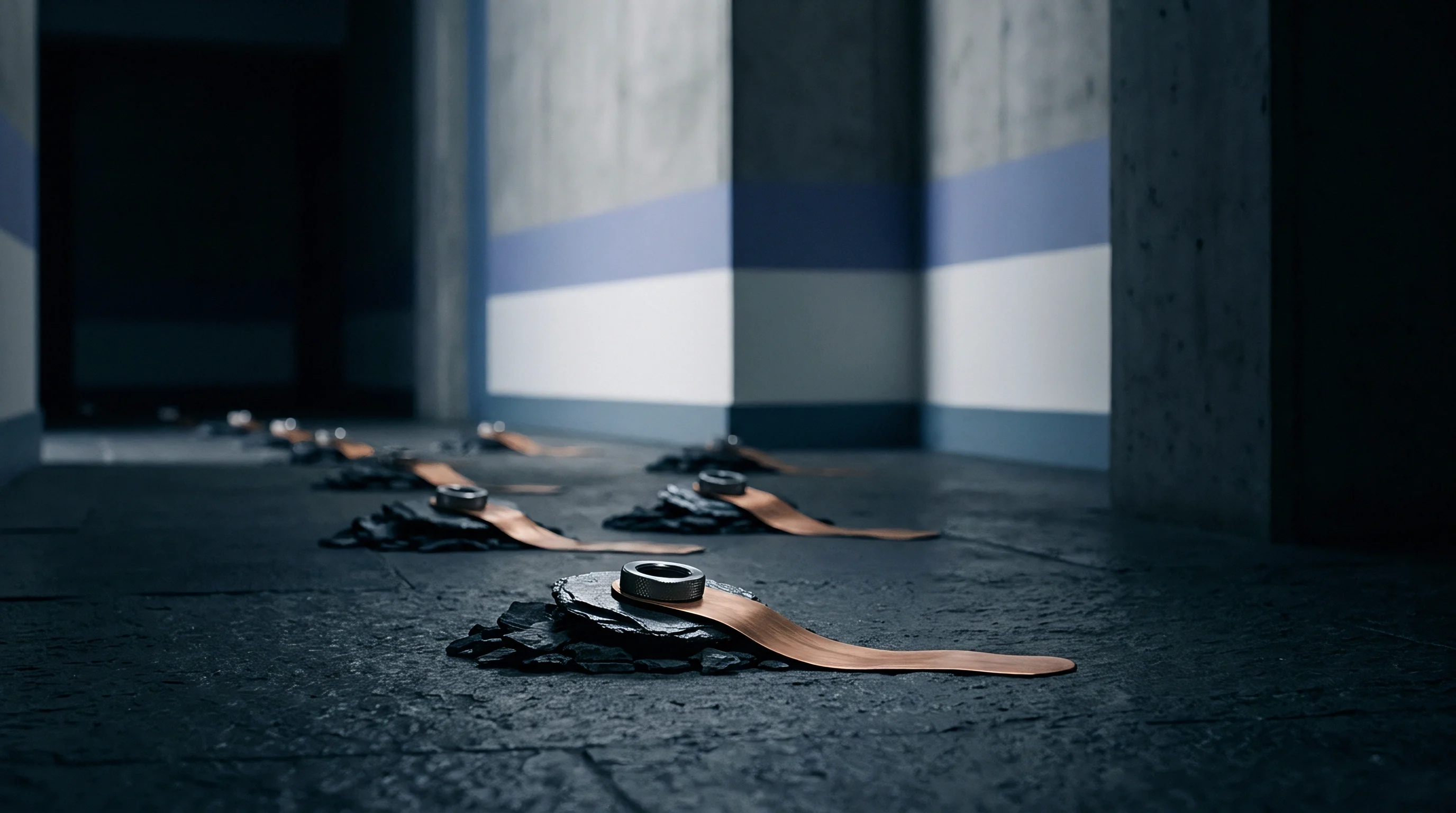 Sequential piles of dark mineral flakes connect to copper current collector strips along a concrete industrial facility floor.