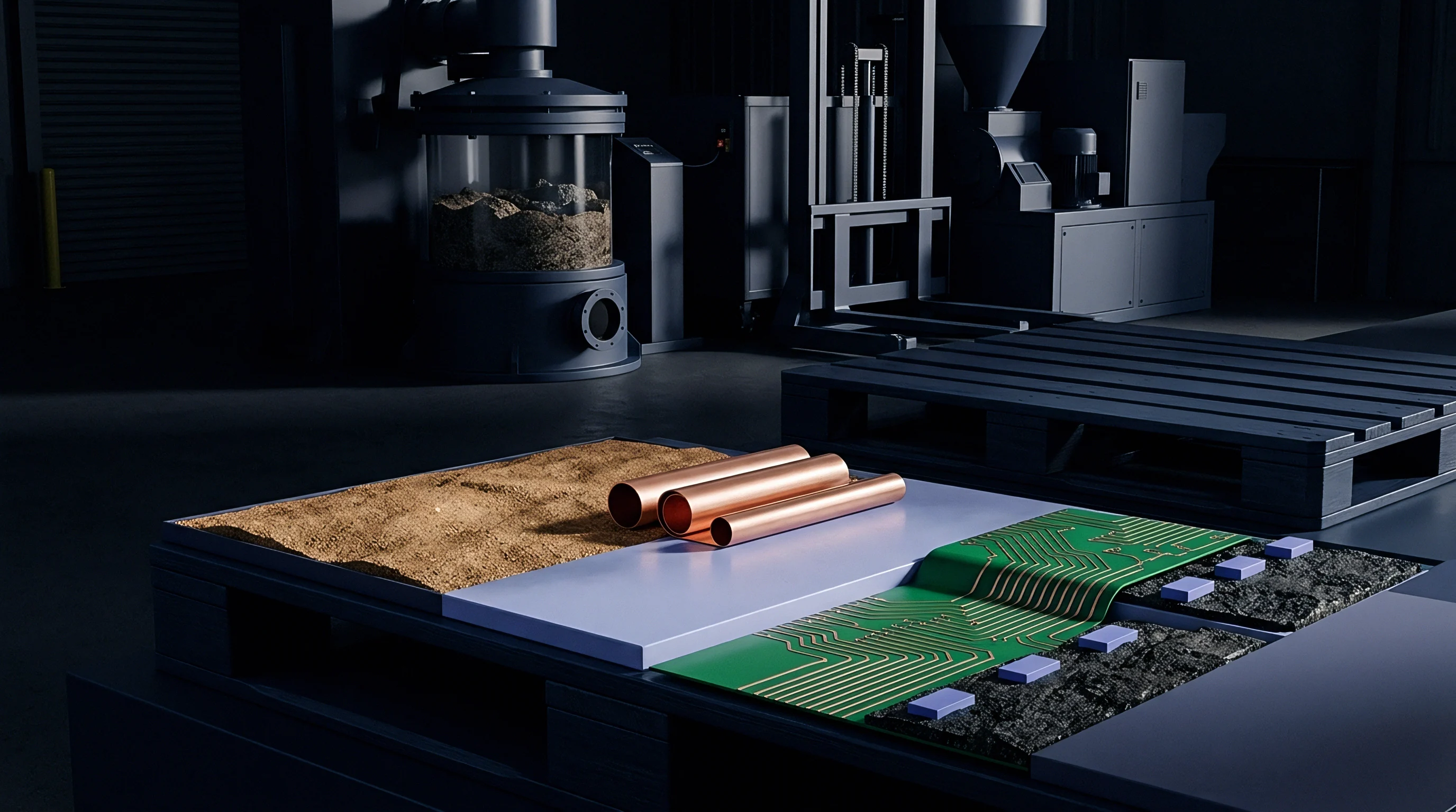 Raw mineral aggregate, refined copper tubes, and layered circuit boards rest on industrial pallets inside a dark manufacturing facility.
