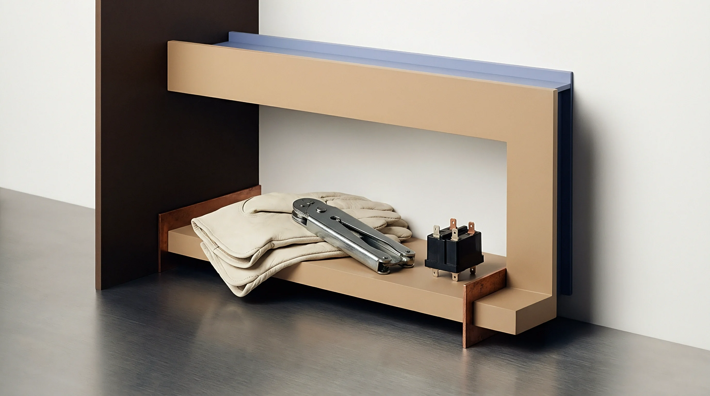 Leather work gloves and electrical hardware rest on a modular industrial shelf constructed from painted steel panels and copper brackets.